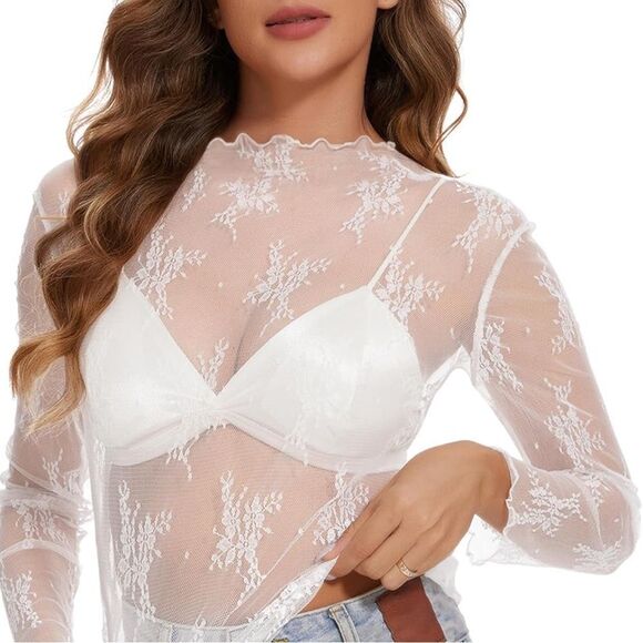 Macy’s | Cream Lace Long Sleeve Embroidered Top Size M - Picture 2 of 7